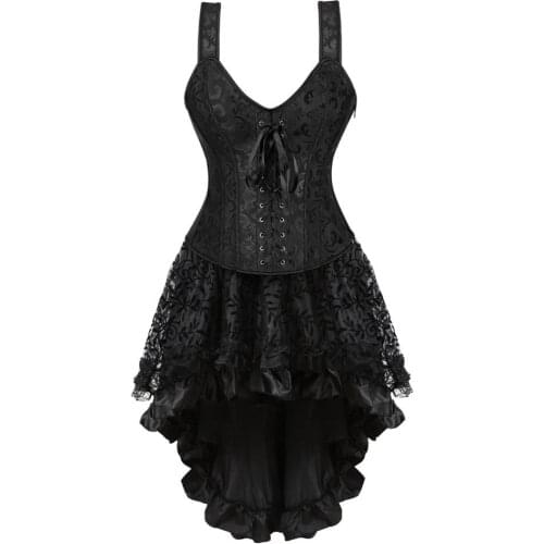 Gothic Black Corset Bustier Plus Size Jacquard Brocade Overbust Corset With Skirt Straps Zipper Burlesque Top Sexy Lingerie