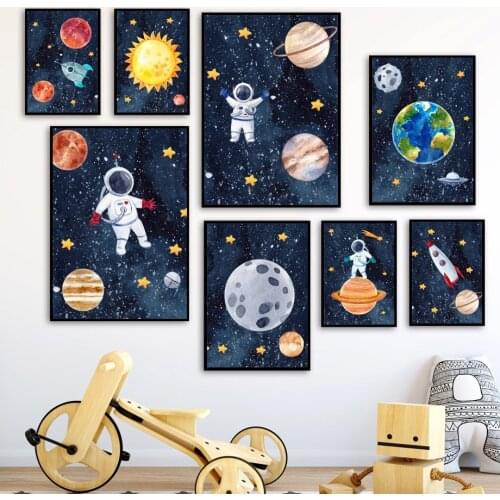 Space Astronaut Rocket Planet Moon Sun Wall Art Print Canvas Painting Nordic Poster Wall Pictures Baby Kids Room home wall Decor
