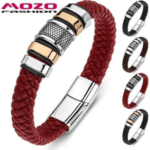 MOZO FASHION Men Bracelets Braided Rock Hip Hop Stainless Steel Trendy Bracelet Punk Genuine Leather Bangle Women Jewelry 177