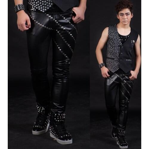 Nightclub singer Male Rivet Slim motorcycle leather pants costume Mens Fashion Vintage Leather pants for Singer dancer