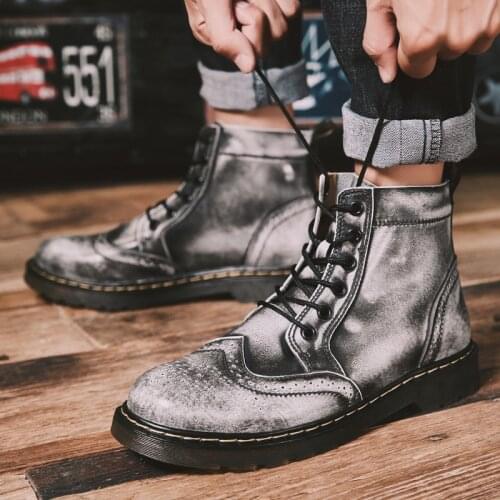 Autumn Winter Vintage Gray Brogue Boots For Men Male Genuine Leather Boots Casual Warm Fur Ankle Boots Men Shoes botines hombre