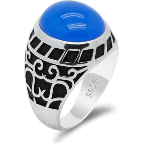 925 Sterling Mens Silver Ring with Natural Stone Blue Agate Male Rings Turkish Jewelry to Husband Women Anniversary Party Gift