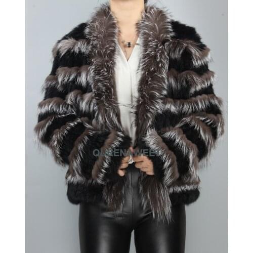 Real Fur Coat Knit Rabbit Fur With Natural Silver Fox Fur Collar Striped Jacket Wholesale Fur Coat Women Winter Outerwear