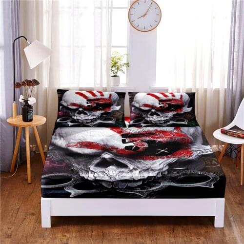 Skull Printed 3pc Polyester Fitted Sheet Mattress Cover Four Corners with Elastic Band Bed Sheet Pillowcases