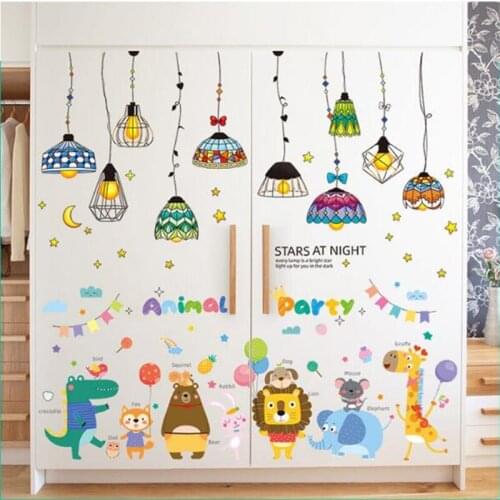 [shijuekongjian] Cartoon Animals Wall Stickers DIY Chandelier Lights Mural Decals for Kids Rooms Baby Bedroom House Decoration