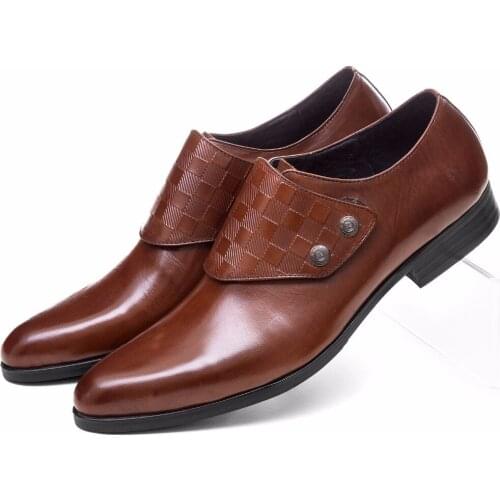 Fashion Brown Tan / Black Dress Shoes Man Business Social Shoes Genuine Leather Pointed Toe Formal Male Wedding Shoes