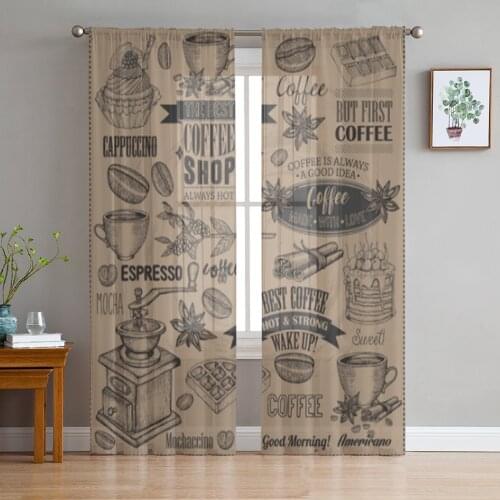 Retro Coffee Poster Cup Sheer Curtains for Living Room Bedroom Tulle Curtains Kitchen Window Treatments Panel Drapes