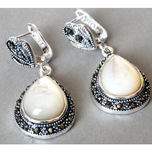 Unique ladys 925 Silver Natural White Sea Shell Marcasite Waterdrop Earrings 11/2"
