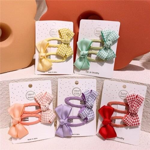 2021 New Korean Sweet Girl Simple Beautiful Plaid Fabric Bow BB Clip Fashion Childrens Pearl Bow Rubber Band Hair Accessories