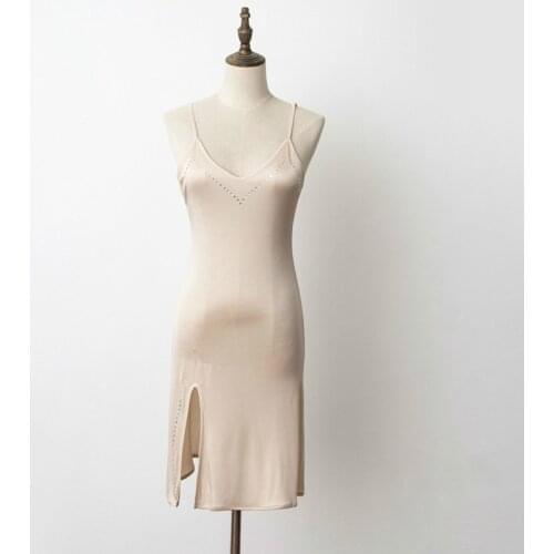 Women White Petticoat Short Slip Dress Plus Size Sexy Inner Slip Dress Silk Underdress Hot Drilling Thin Split Nightdress Summer