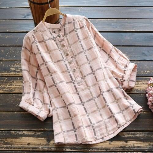 7570 New Summer Women Blouse Japan Style Loose Plaid Stand Collar Cotton Half Sleeve Shirt Tops Women