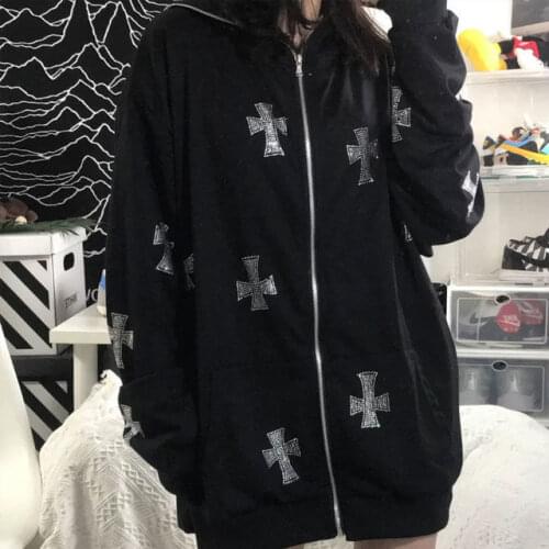 Cross Rhinestone Hoodies Women Gothic Zipper Long Sleeve Oversized Hoodie Y2K Hip Hop Joggers Sweatshirts Coat Autumn Outfits