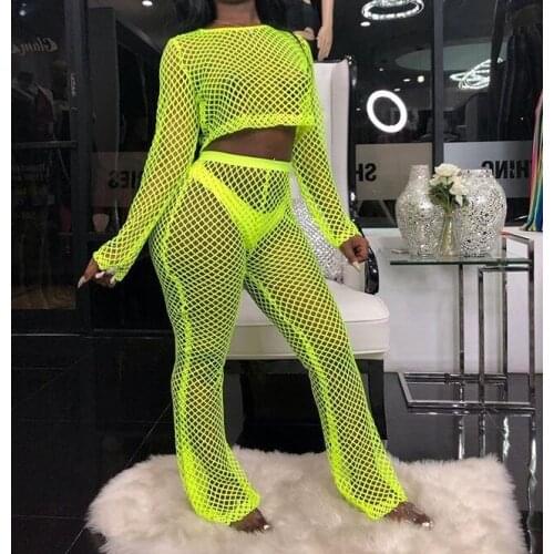 BKLD Women Sexy Sheer Mesh Two Piece Set Long Sleeve Crop Tops And Pants Sets Bodycon Nightclub Party Summer Outfits 2019 New