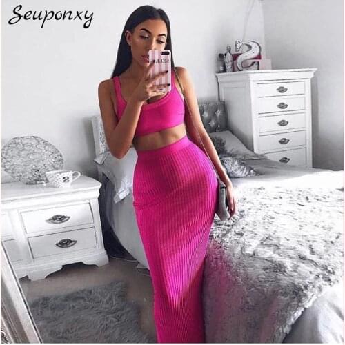High Quality 2021 Summer Fashion WomenS Bodycon Bandage 2 Two-Piece Set Sexy Vest Short Top + High Waist Skirt Party Set