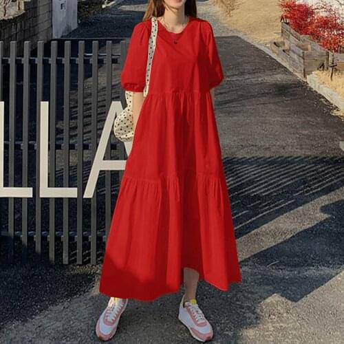 Fashion Women Beach Bohemian Sundress Summer Cotton Retro Short Sleeve Dress Solid Color Round Neck Maxi Dresses Vestido