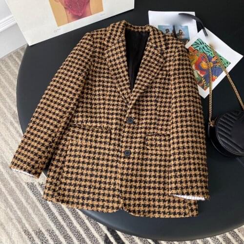Quality 11.4 High End Houndstooth Plaid Blazer Coat Women Fashion Wool Blend Tweed Warm Outerwear