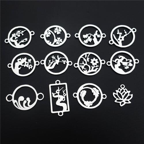 2 Loops Stainless Steel Wave Pine Tree Lotus Wintersweet Plum Blossom Connectors Diy Jewelry Findings Component 50pcs Mix