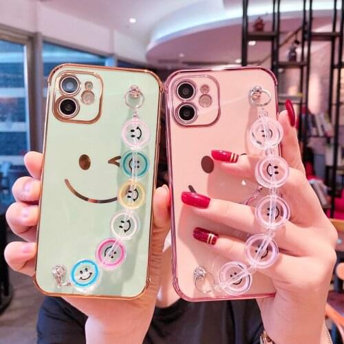 Funda de teléfono para iPhone 12, Mini 11 Pro, X, XR, XS, Max, 7, 8 Plus, SE 2, pulsera de cara con sonrisa electrochapada, fund