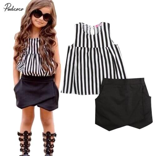 Toddler Kids Baby Girls Clothes Set Casual Striped Sleeveless Vertical Tops Blouse Black Pants 2pcs Outfits 2~7Y