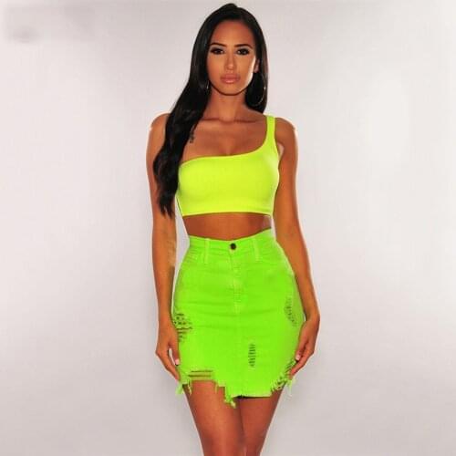 2020 Women Summer High Waist Jeans Pencil Skirt Fashion Neon Color Ripped Holes Tassel Bodycon Denim Skirt Mini Skirt Neon Color