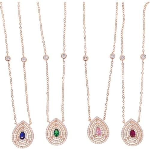 Fashion Blue/green/pink/red color Crystal Water Drop Pendant Necklace Rhodium Plated CZ Necklaces & Pendants For Women Gift idea