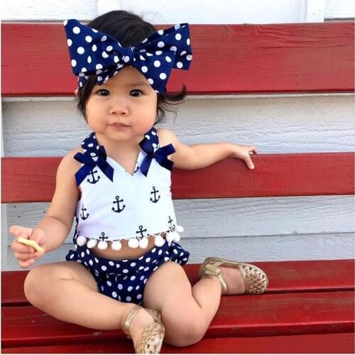 New Babies Girls summer 3 pecs Clothes baby girl Anchor bow Tassel halter Tops+Navy Polka Dot Briefs+headband Outfits Set