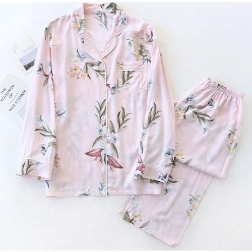 2021 New Womens Pajamas Cotton Silk Long-sleeved Trousers Floral Print Loose Homewear Spring Summer Ladies Clothes Home Suits