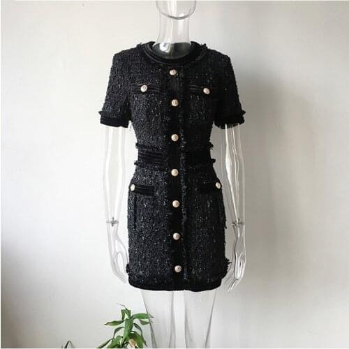 New European and American womens dresses for spring 2020 short sleeves Round collar Beautiful buttons Fashion tweed dress