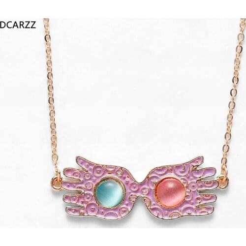 Luna Lovegood Glasses Necklace Pink Pendant Gold Chokers for Women Kids Christmas Gift Cosplay Party Costume Jewelry Wholesale
