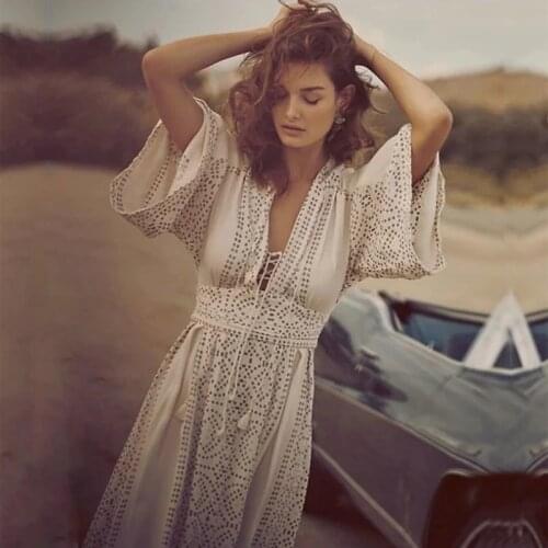 KIYUMI Dress Women Early Autumn Polka Dot Printed Deep V-neck Modern Kimono Dress European and American Chiffon Lady White Dress