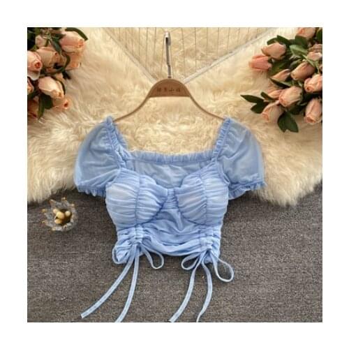 Sexy Short Navel Blouse Woman New Puff Sleeve Drawstring Pleated Women'a Shirt Dancing Clothes Crop Top Blusa Slim Fit
