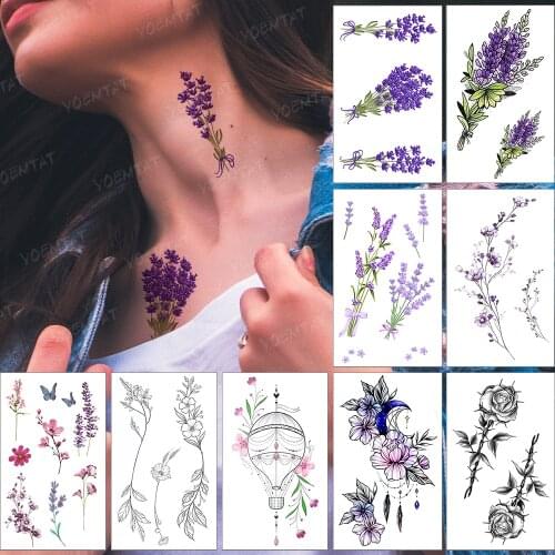 Waterproof Temporary Tattoo Sticker Ladies Color Lavender Purple Flower Finger Arm Hand Fake Tatoo Woman Man Child Flash Tatto