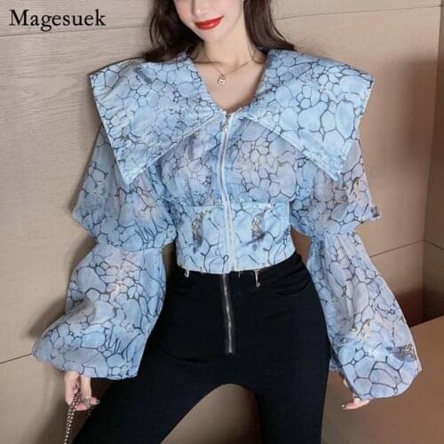 Spring Womens Lantern Sleeve Printing Shirt Elegant Big Turn Down Collar Tops Female Fashion Perspective Zipper Blouses 13965