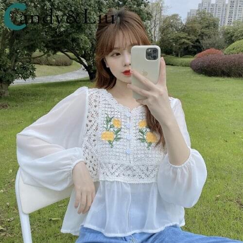 Womens Shirt Chiffon Sweety Flowers Crowd Spring 2021 New Korean French V-neck loose Long Sleeve Shirt Top Cute Girl Blouses