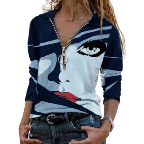 Vintage Portrait Face Print Half Zip T-shirt Women Autumn Casual V-Neck Long Sleeve Tops And Tees Lady Street Plus Size Clothes
