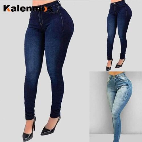 Women High Waist Skinny Denim Jeans KALENMOS Stretch Slim Pants Calf Length Jeans Casual Button Office Work Lady Pants Plus Size