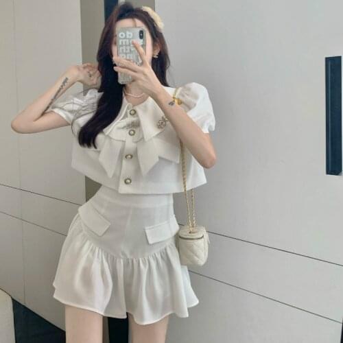 High Quality New Summer Fashion Korean Sweet Elegant 2 Piece Set Women Crop Top Shirt Blouse Mini Skirt Suits Two Piece Outfits