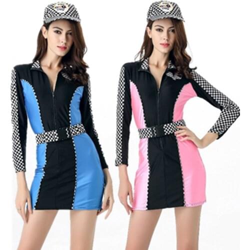 Womens Race Car Driver Costume Locomotive Cheerleader Outfit Sexy Racing Car Mini Dress Performance Clubwear Wear
