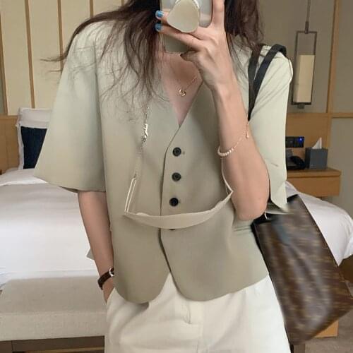 South Korea Chic Summer Minority Temperament V Collar Single Breasted Loose Casual Color Short-sleeved Suit Short Jacket Woman