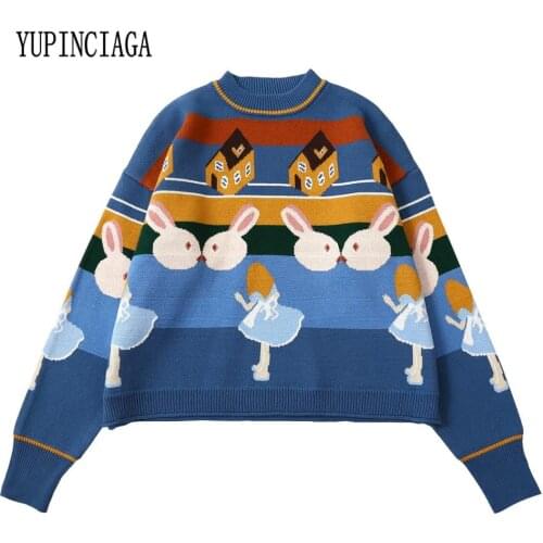 YUPINCIAGA Women Thick Warm Sweaters loose cartoon rabbit Femme Jumper Knitted jacquard O-Neck Knitted Drop Shoulder Pullover