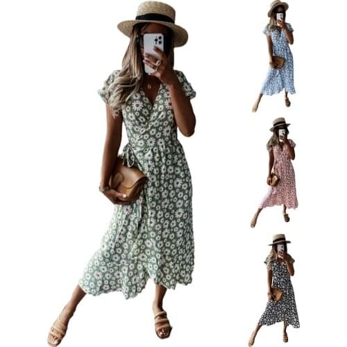 2021 New Summer Dress Woman Girls Short Sleeve V-neck Floral Boho Sundress Clothes