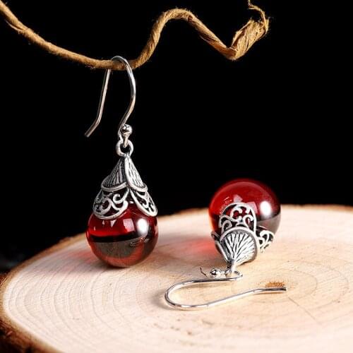 S925 Silver Accessories Womens Retro Garnet Ear Pendant