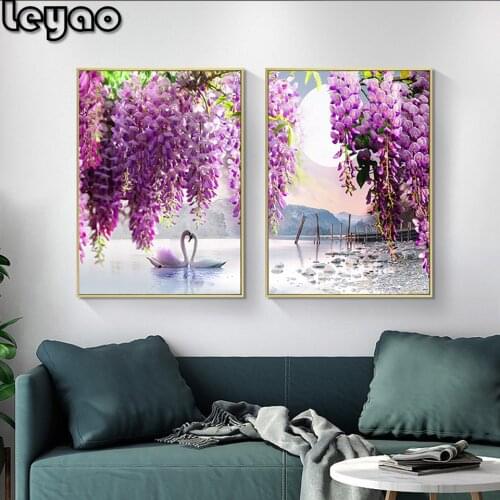 Full Square/Round Drill DIY Diamond Painting "Purple Flower Tree Swan Lake Landscape" Embroidery Cross Stitch 5D Home Decor Gift