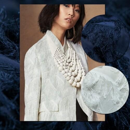 White and navy color cotton blends couture fashion tassel fabric, sewing for shirt, blouse, dress, skirt, craft by the yard