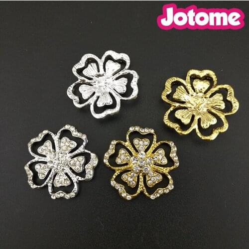 100pcs/lot Choose Color First, Wedding Bouquet Brooch Pin Gold and Silver 25mm Cherry Blossoms Flower Rhinestone Button Buckle