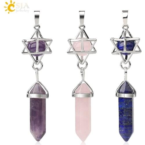 CSJA Reiki Natural Stone Pendant Merkaba Locket Pendulum Hexagonal Prism Crystal Long Pendants for Necklaces Women Jewelry G512
