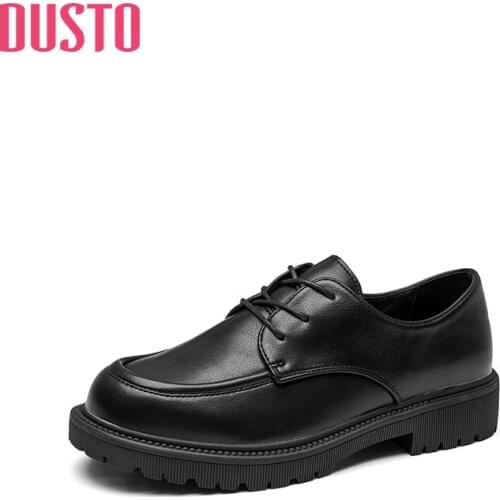 DUSTO 2021 new autumn college middle heel thick heel sewing lace up small leather shoes womens shoes