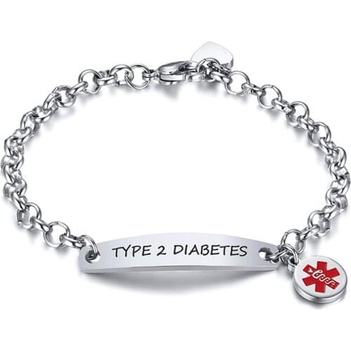 Custom Enamel Medical Alert ID Bangle Stainless Steel Rolo Chain Link Thin Bar Bracelet for Women Adjsutable 7.6"