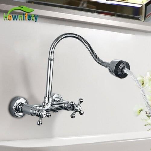 Chrome Wall Mount Basin Faucet Hot Cold Mixer Crane Tap 360 Degree Ratation Wash Faucet Dual Install Hole Double Handle