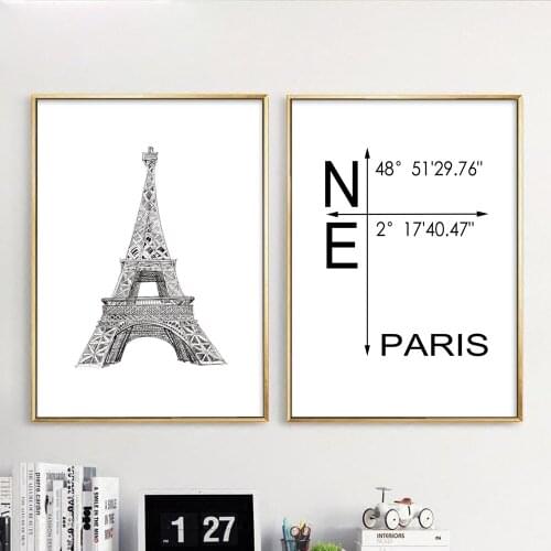Unframed Canvas Print Poster Of Line Drawing Paris City Sign The Eiffel Tower,Latitude & Longitude Of Eiffel Tower Wall Picture